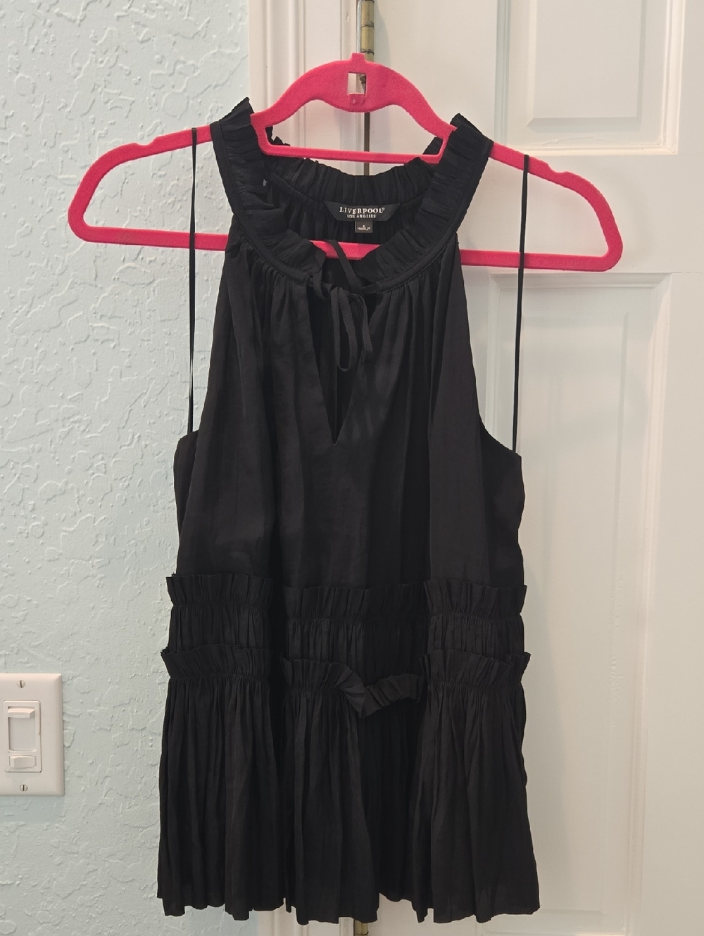 Liverpool Black Ruffled Halter Top with Tie Neck